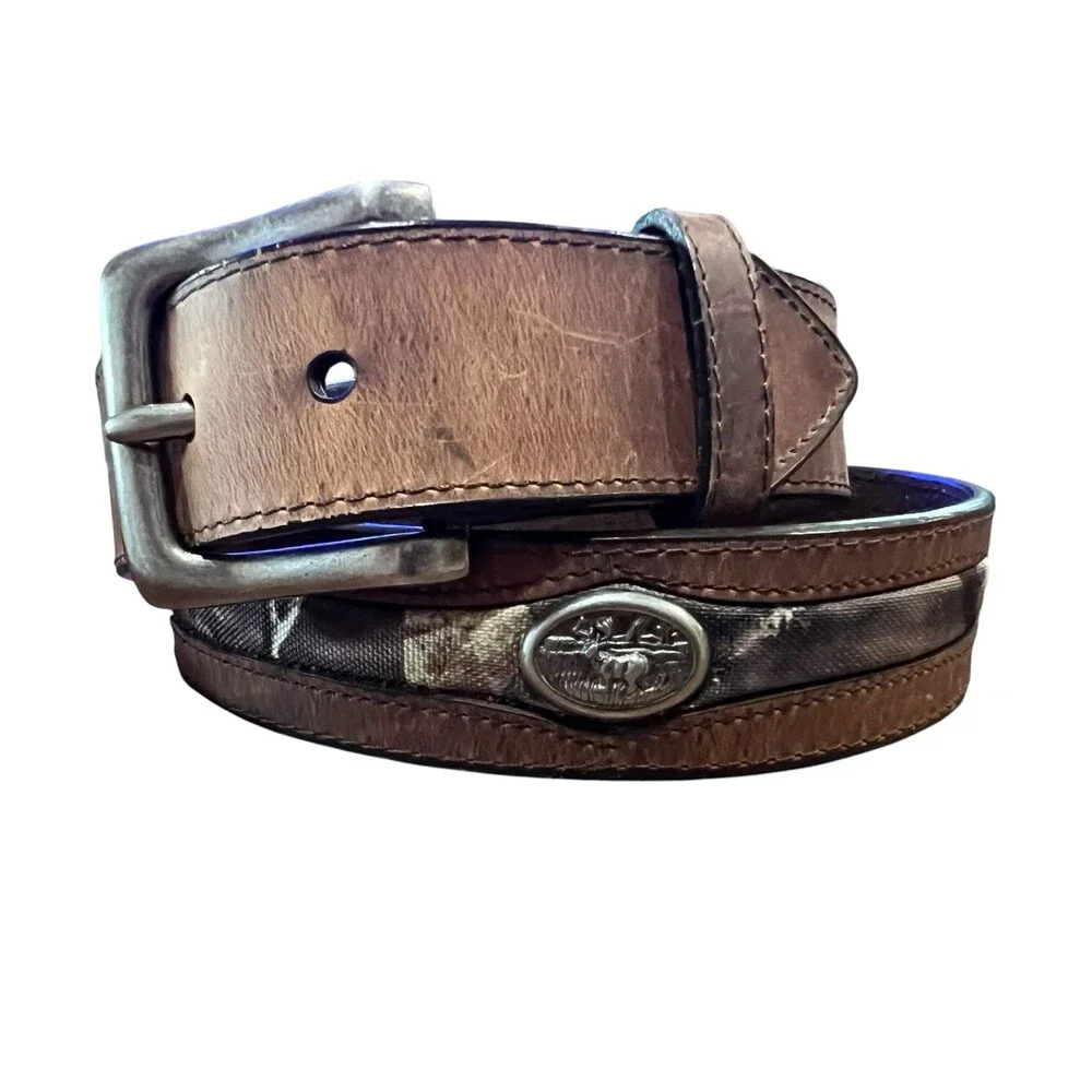 Men's Brown Leather Belt with Camo Inserts Deer Hunter Elk Casual   Waist 33-37